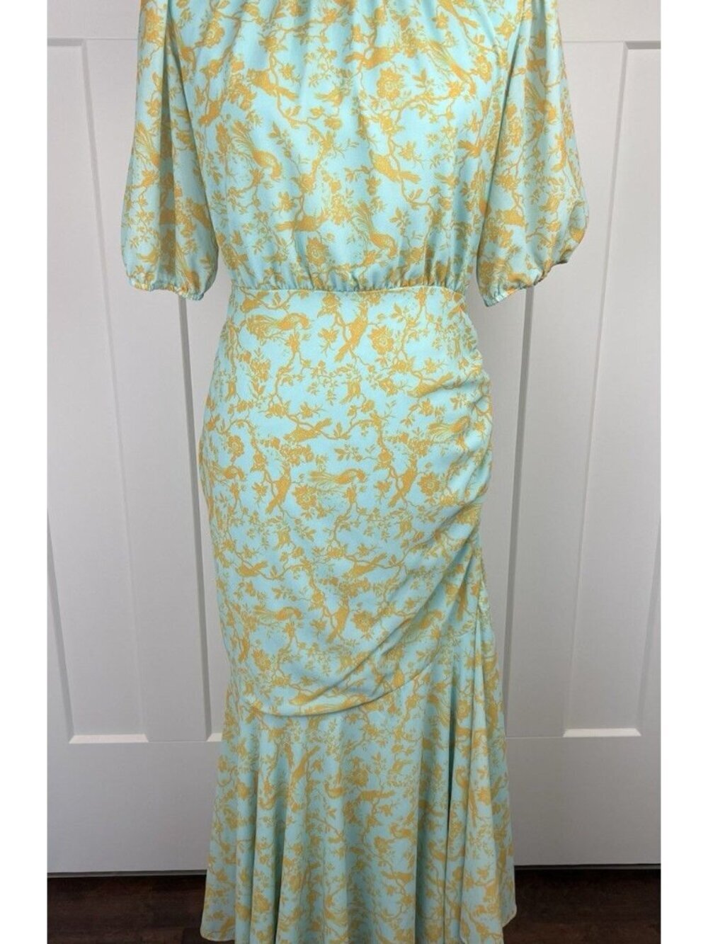 Sachin & Babi Dress Womens 2 Aqua Gold Floral Midi Puff Sleeve Ruched Formal